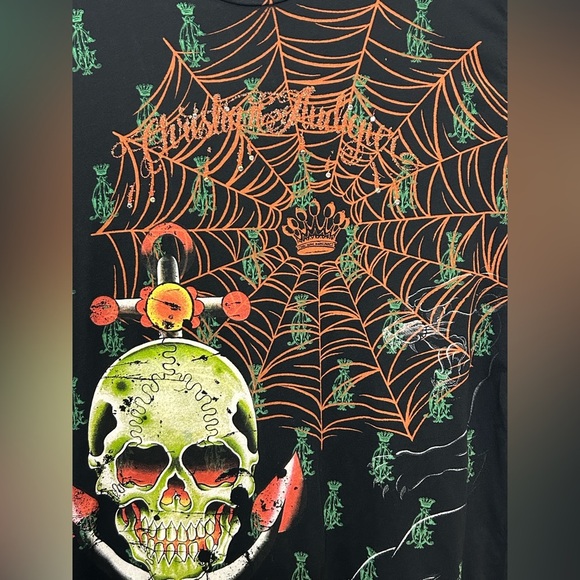 Christian Audigier Los Angeles Spiderweb Skulls Swords Wings Jeweled T Shirt - Picture 3 of 12